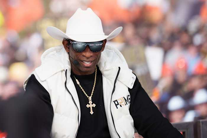 Colorado Buffaloes head coach Deion Sanders on the set of ESPN College GameDay prior to the game between the Colorado Buffaloes and the Colorado State Rams at Folsom Field